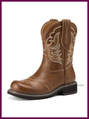 Rollda Women's Embroidered Cowboy Ankle Boots Round Toe Western Booties